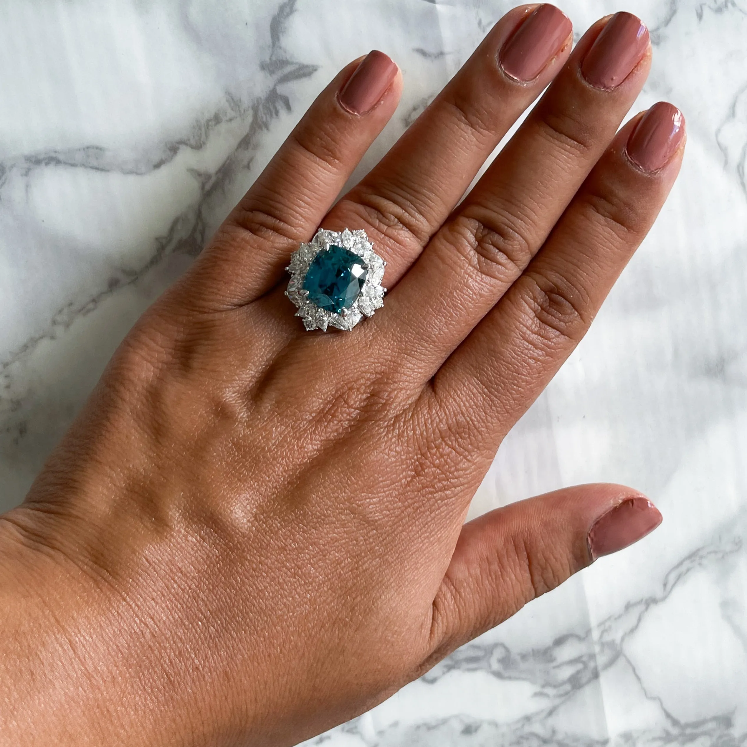 12.75ct Cushion Blue Zircon Ring with Diamond Halo in 18K White Gold