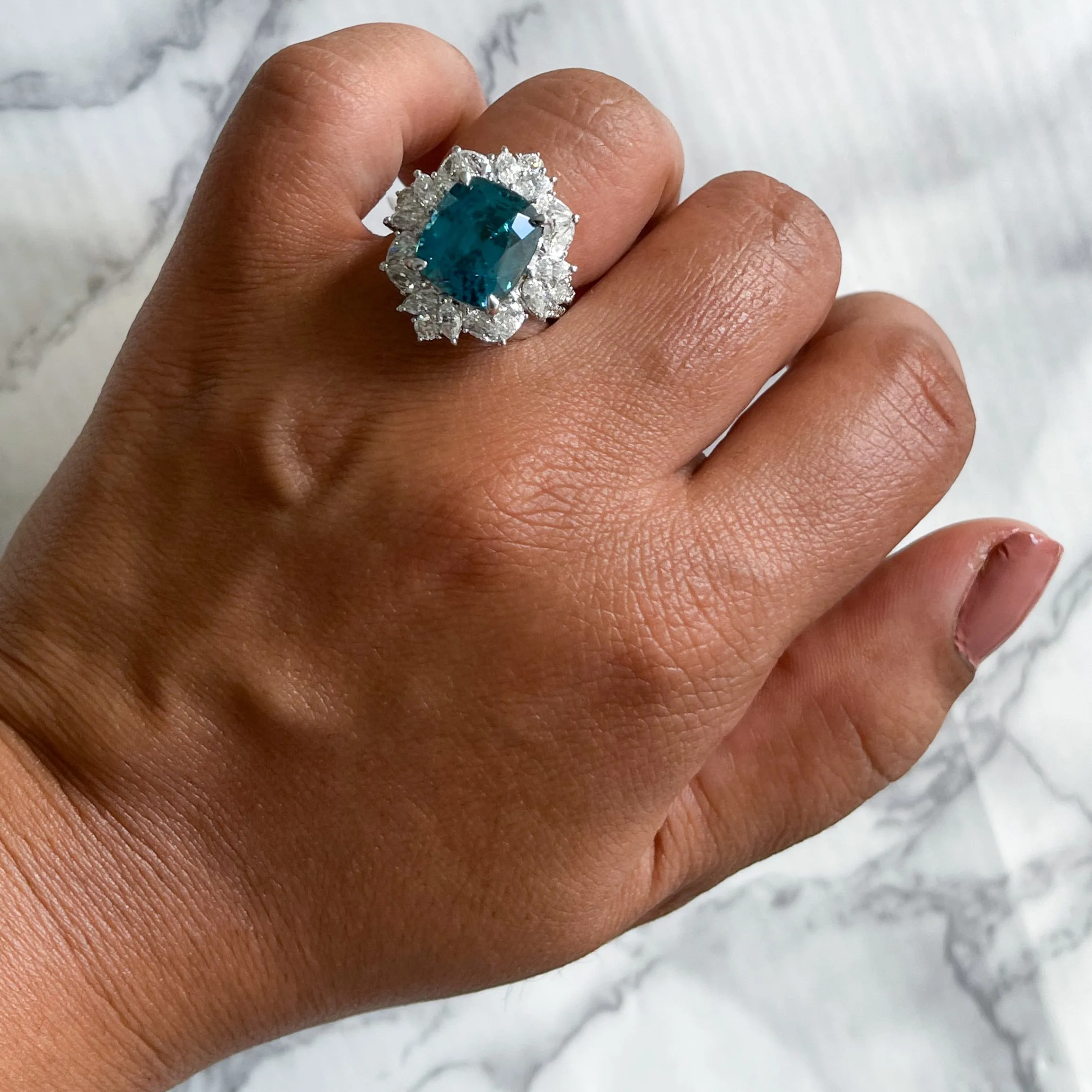 12.75ct Cushion Blue Zircon Ring with Diamond Halo in 18K White Gold