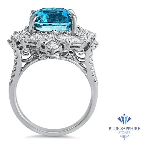12.75ct Cushion Blue Zircon Ring with Diamond Halo in 18K White Gold
