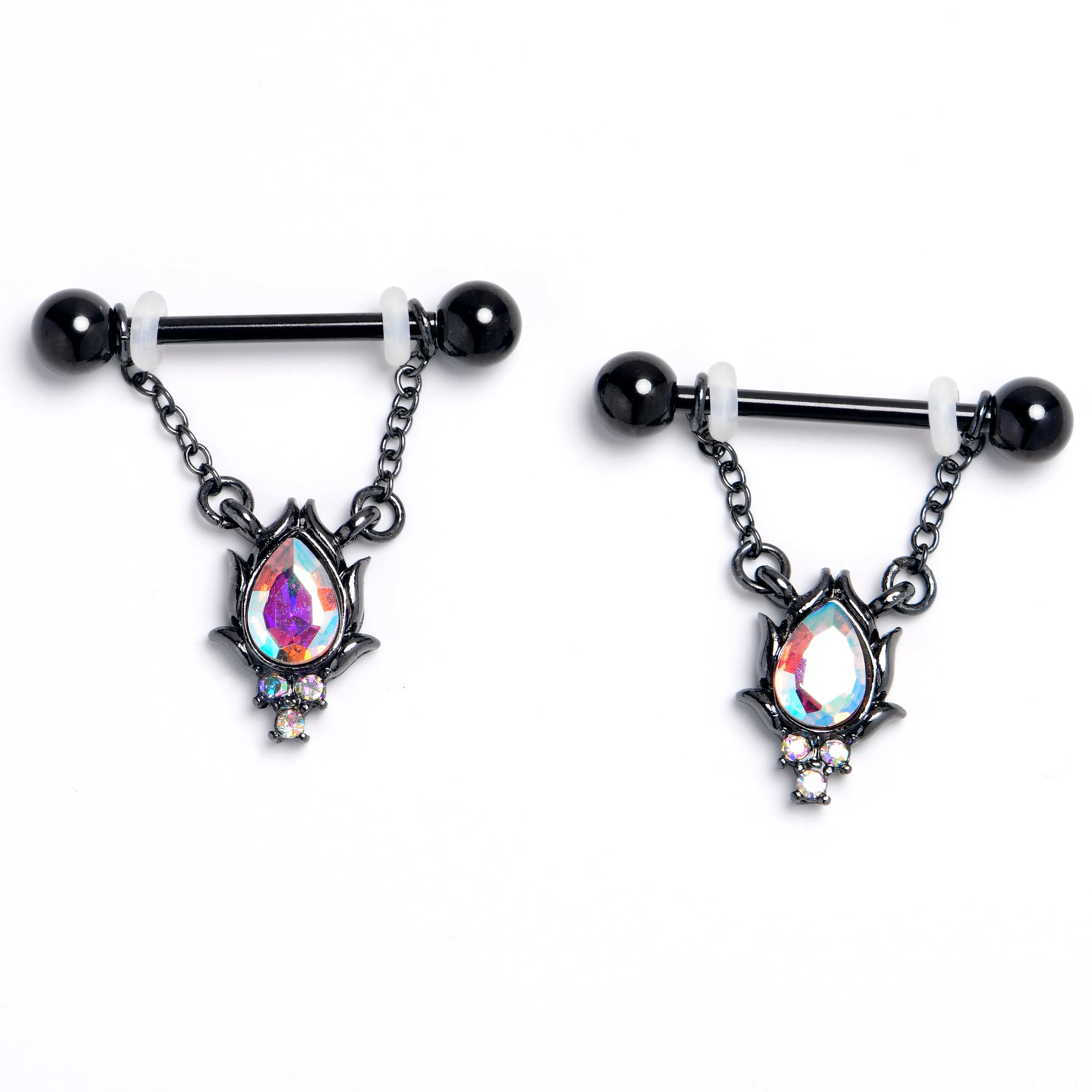 14 Gauge 9/16 Aurora CZ Gem Black Dream Drop Dangle Nipple Ring Set