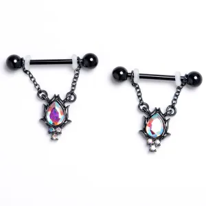 14 Gauge 9/16 Aurora CZ Gem Black Dream Drop Dangle Nipple Ring Set