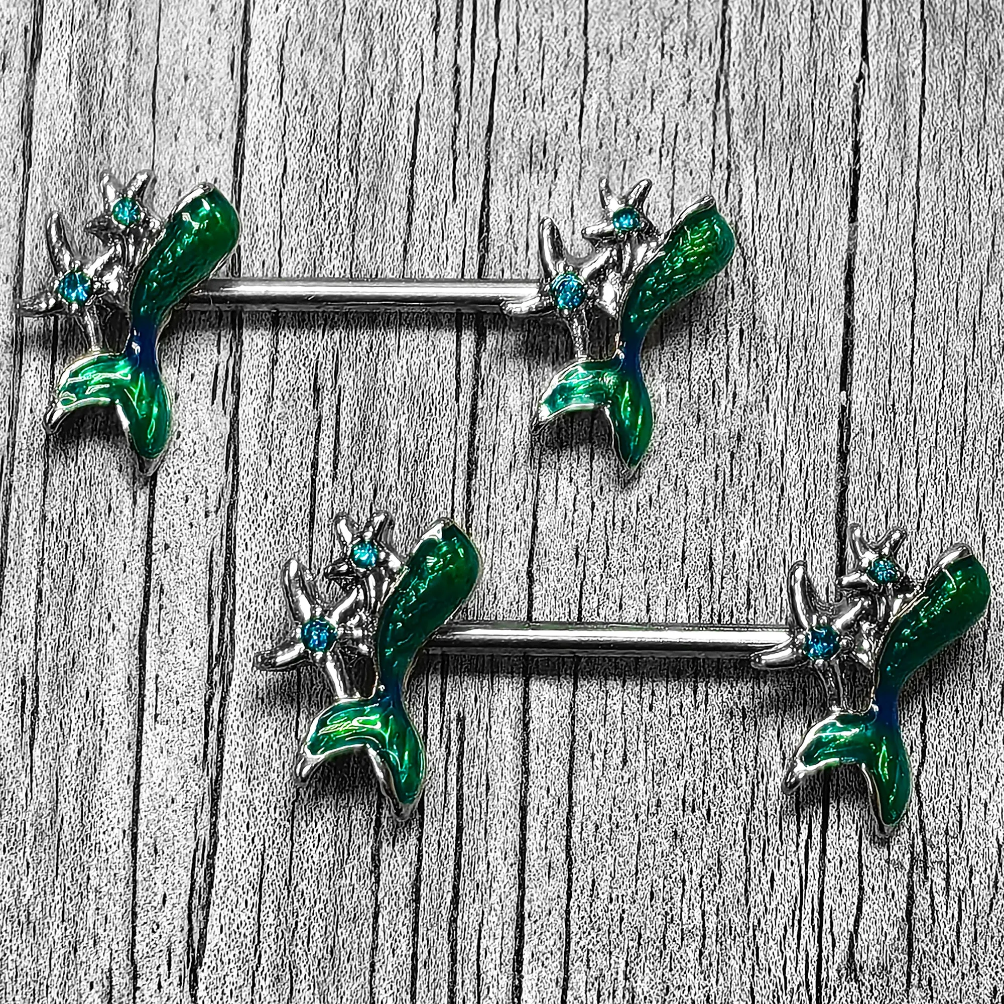 14 Gauge 9/16 Green Gem Blue Mermaid Tail Stars Barbell Nipple Ring Set