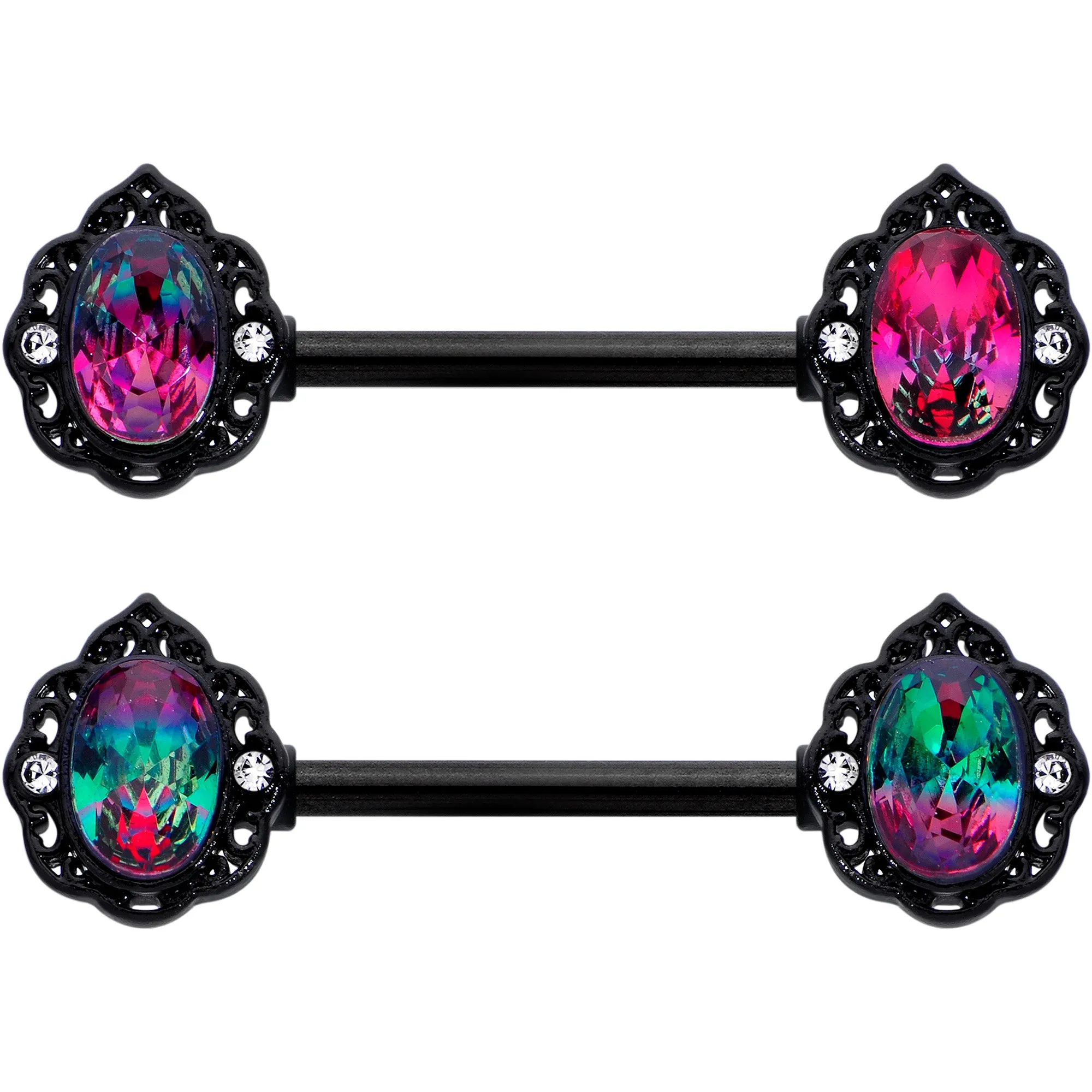 14 Gauge 9/16 Purple Tourmaline Black Lacy Drop Barbell Nipple Ring Set