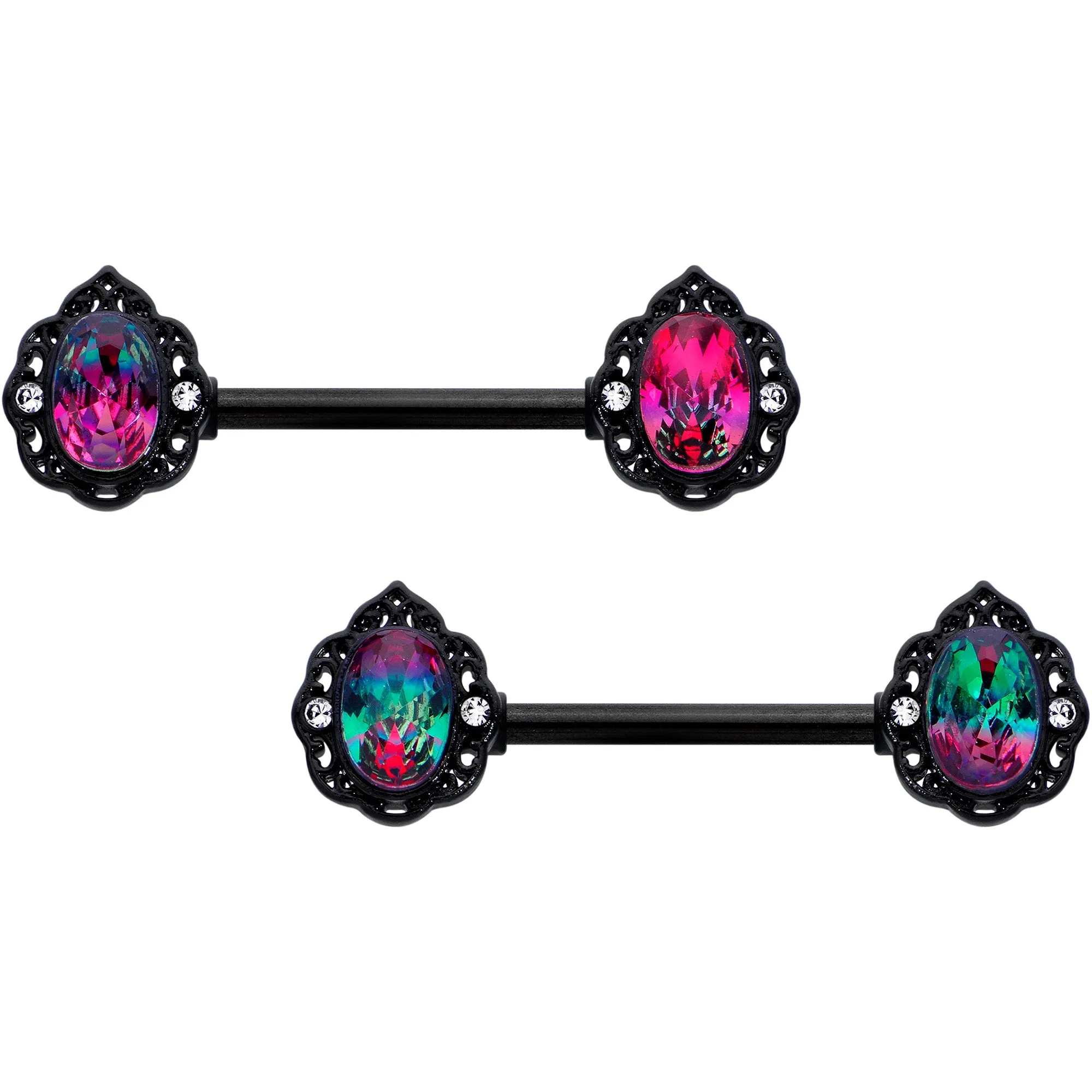 14 Gauge 9/16 Purple Tourmaline Black Lacy Drop Barbell Nipple Ring Set