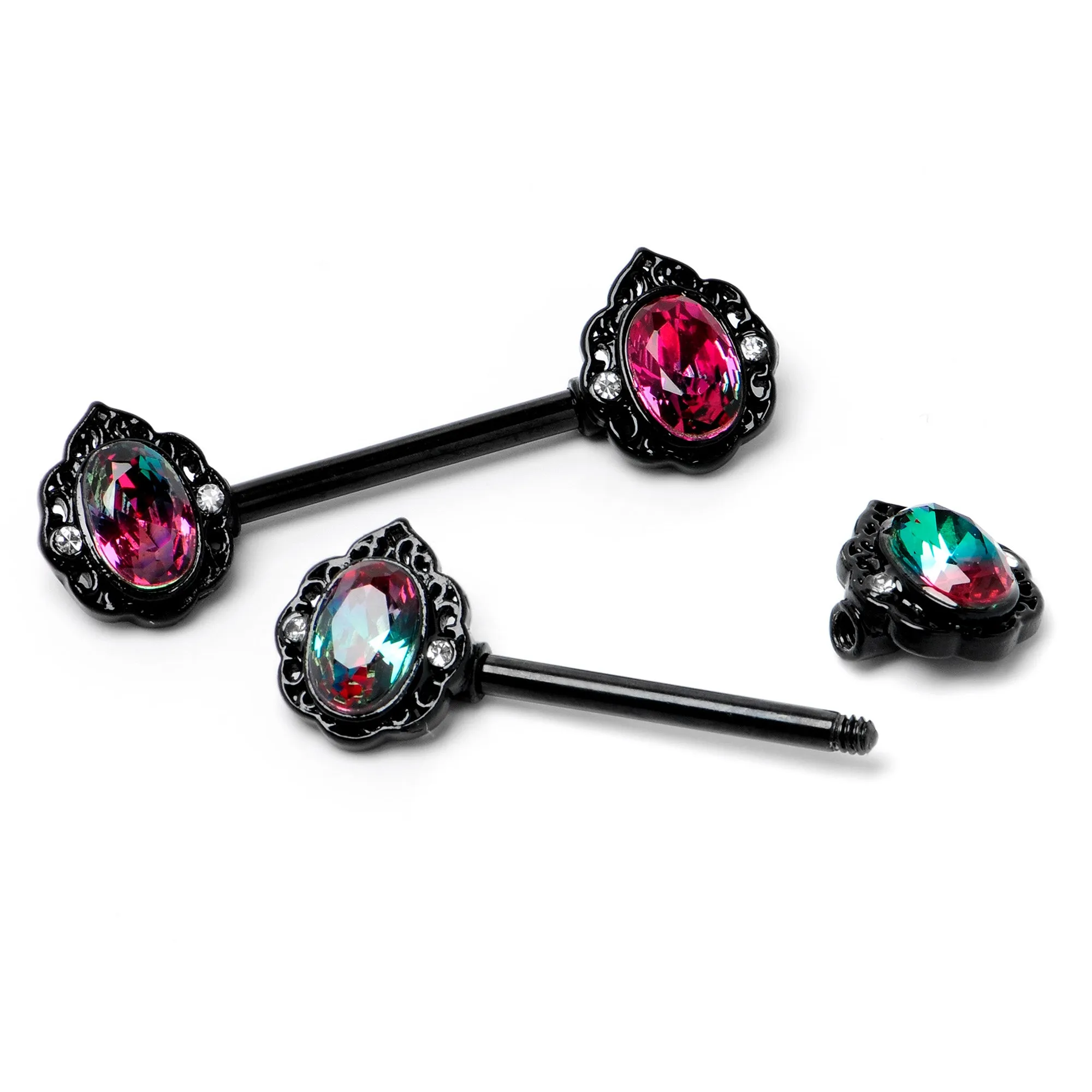 14 Gauge 9/16 Purple Tourmaline Black Lacy Drop Barbell Nipple Ring Set