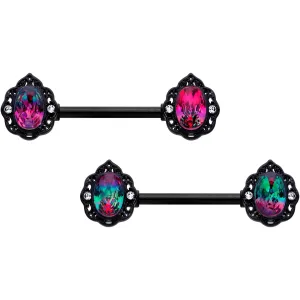 14 Gauge 9/16 Purple Tourmaline Black Lacy Drop Barbell Nipple Ring Set