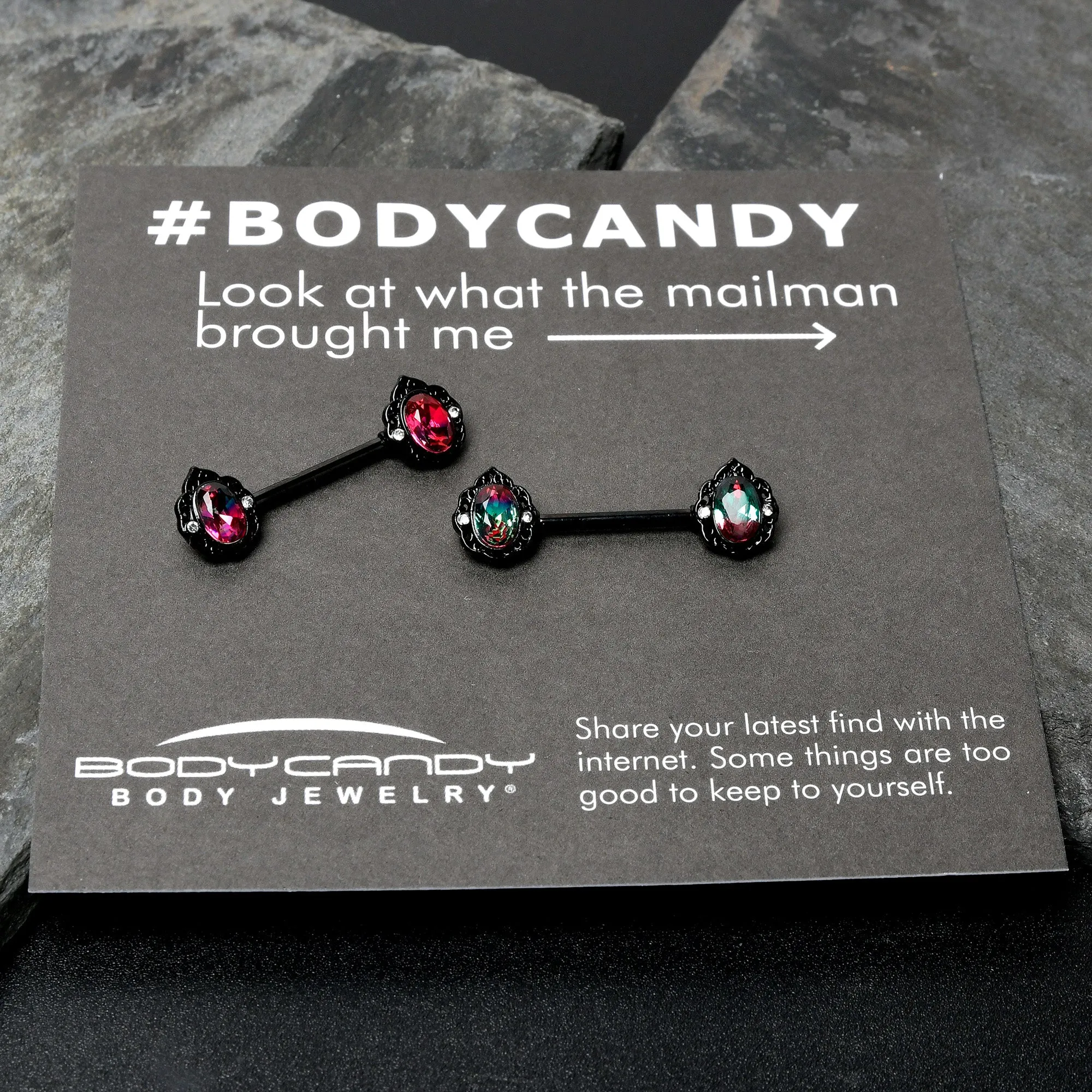 14 Gauge 9/16 Purple Tourmaline Black Lacy Drop Barbell Nipple Ring Set