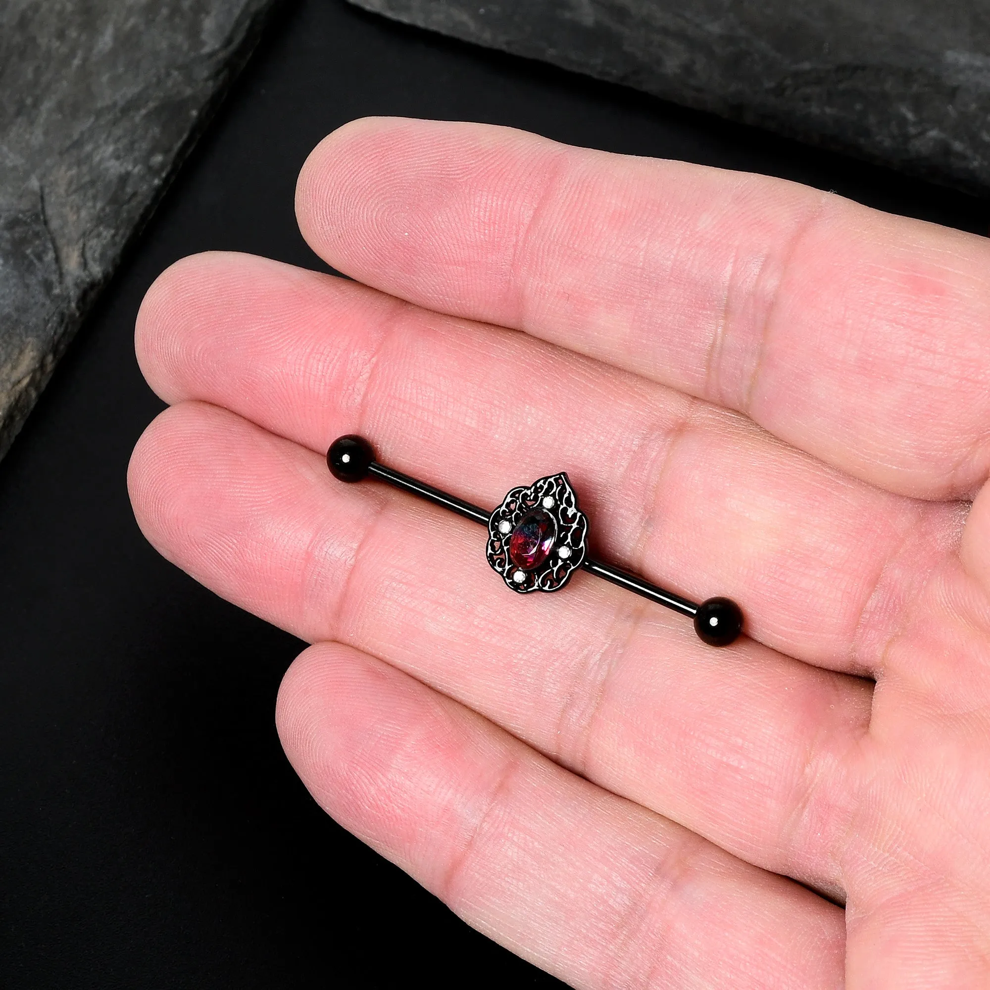 14 Gauge Purple Tourmaline Black Lacy Drop Industrial Barbell 38mm