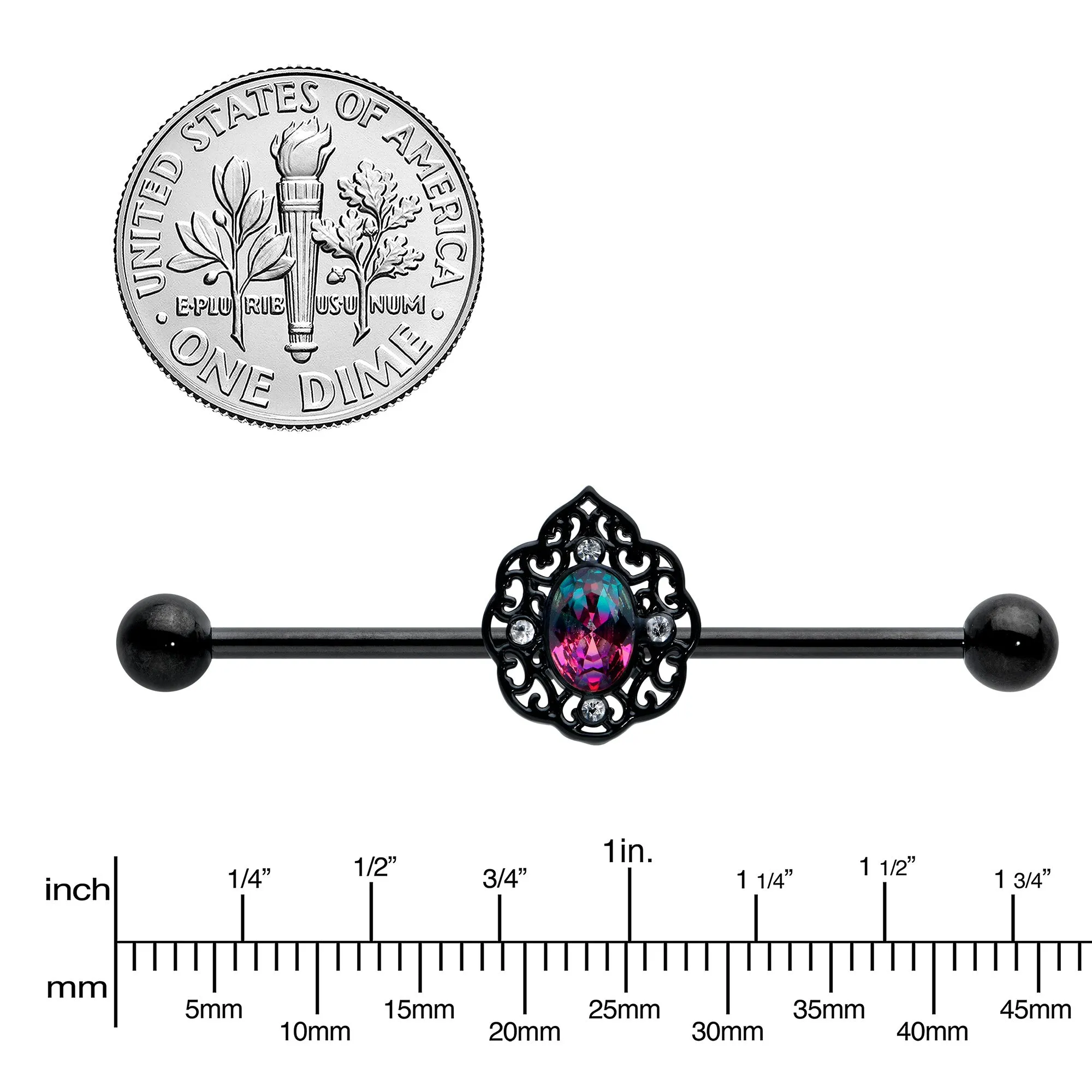 14 Gauge Purple Tourmaline Black Lacy Drop Industrial Barbell 38mm