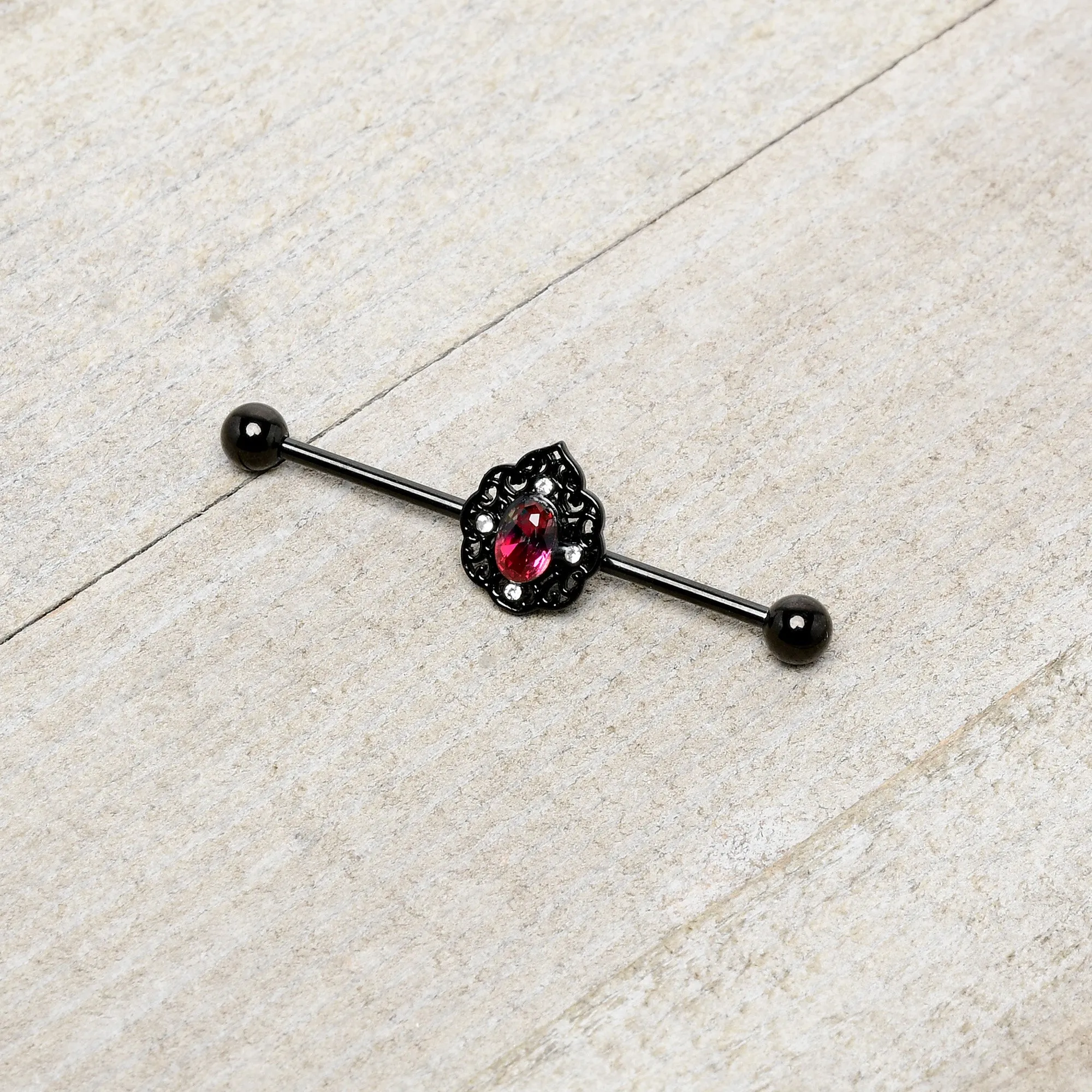 14 Gauge Purple Tourmaline Black Lacy Drop Industrial Barbell 38mm