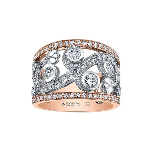 14K Rose and White Gold Shelly Purdy (1.46ct) Maple Leaf Canadian Diamond Floral Wide Band Ring