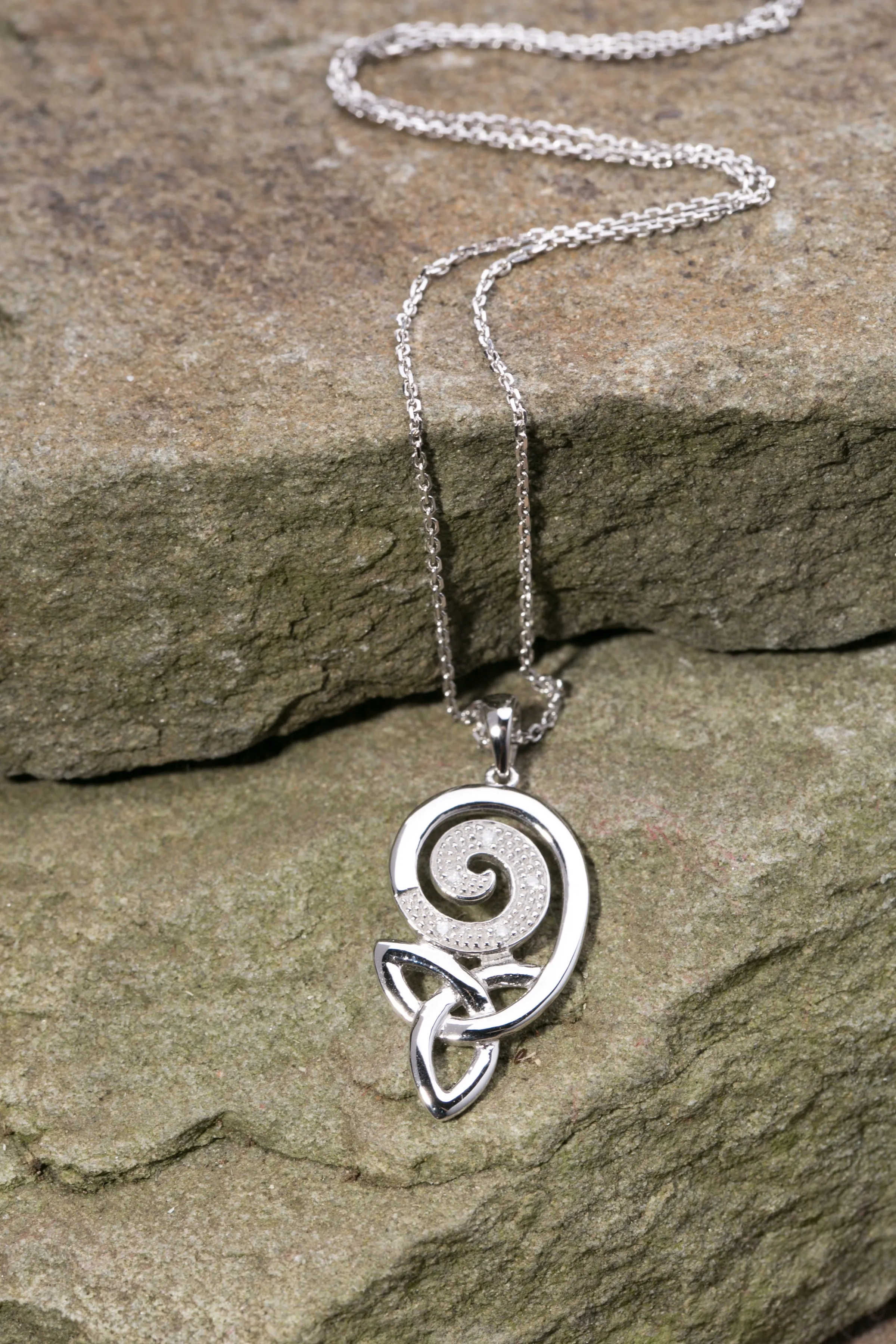 14K Trinity Knot Pendant with Spiral of Diamonds