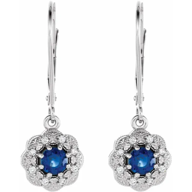 14K White Blue Sapphire & 1/10 CTW Diamond Halo-Style Earrings