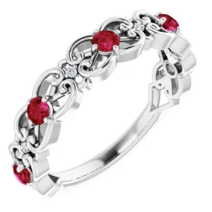14K White Ruby & .025 CTW Diamond Vintage-Inspired Scroll Ring