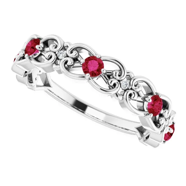 14K White Ruby & .025 CTW Diamond Vintage-Inspired Scroll Ring