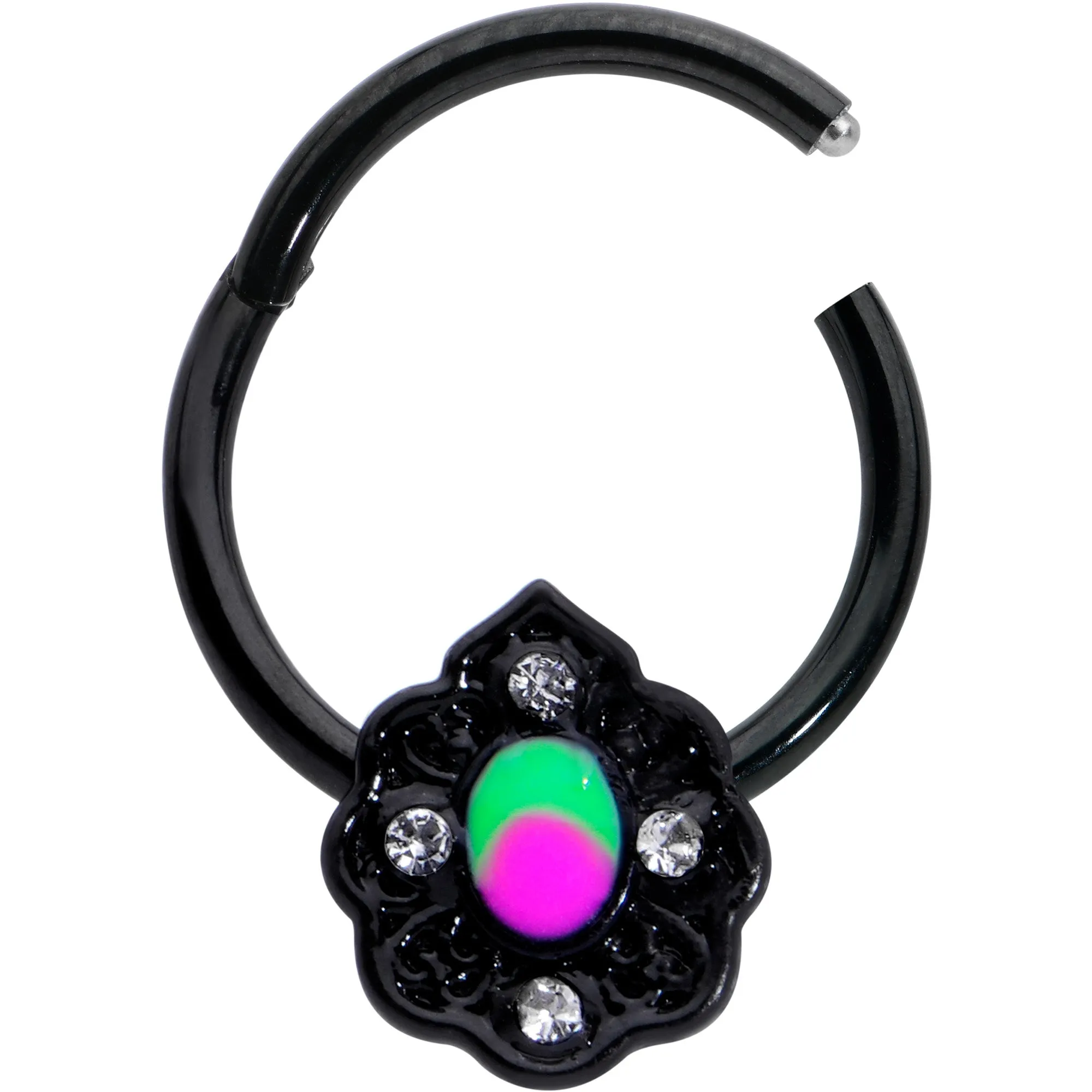 16 Gauge 3/8 Purple Tourmaline Black Lacy Drop Hinged Segment Ring