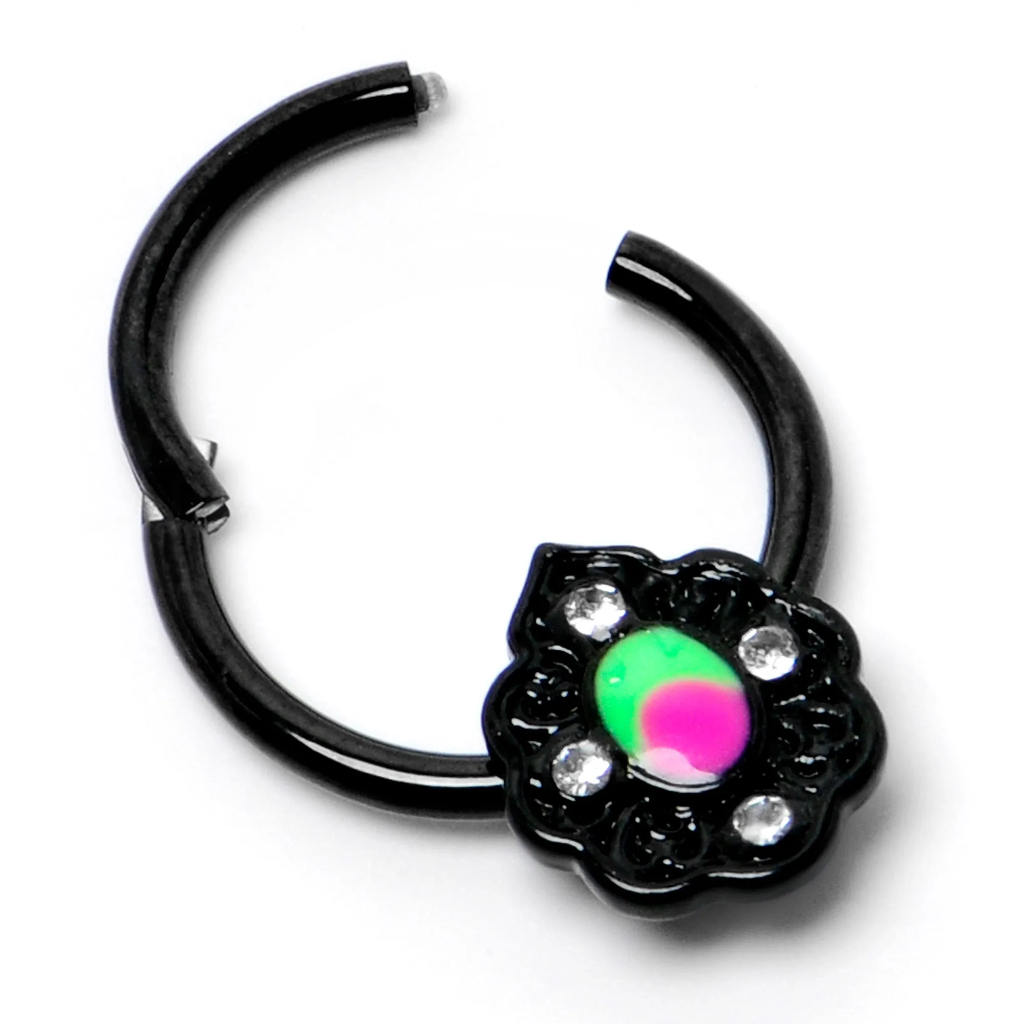 16 Gauge 3/8 Purple Tourmaline Black Lacy Drop Hinged Segment Ring