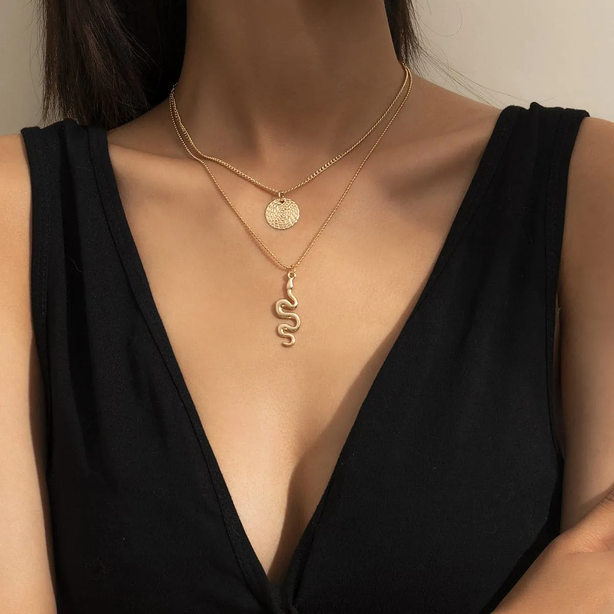 18K Gold-Plated Snake Circle Layered Pendant Necklace