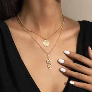 18K Gold-Plated Snake Circle Layered Pendant Necklace