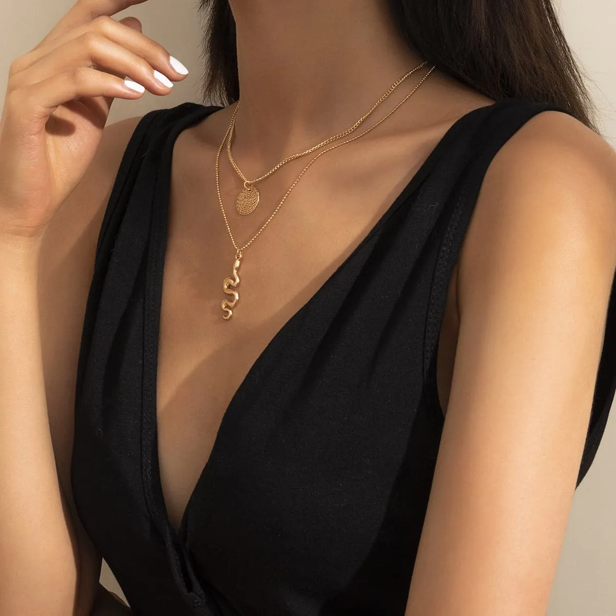 18K Gold-Plated Snake Circle Layered Pendant Necklace