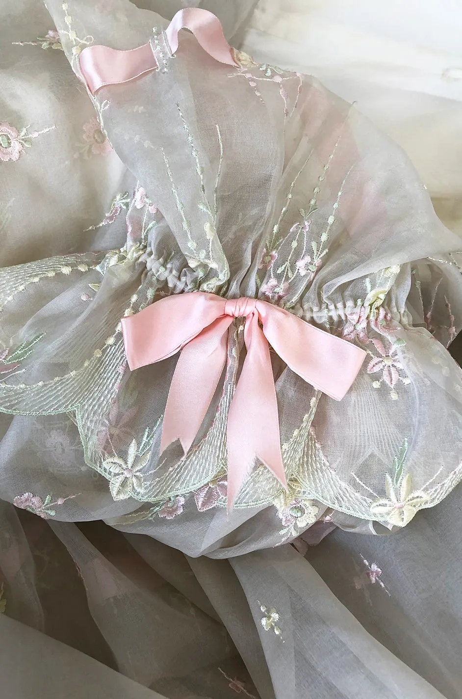 1980s Emanuel Custom Fairy Tale Embroidered & Ribboned Silk Organza Dress