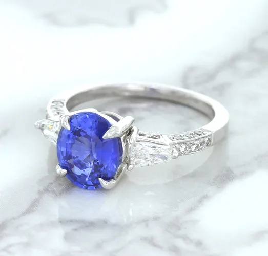 2.88ct Oval Blue Sapphire Ring with Diamond Accents in 18K White Gold