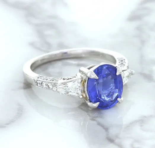 2.88ct Oval Blue Sapphire Ring with Diamond Accents in 18K White Gold