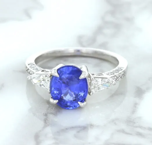 2.88ct Oval Blue Sapphire Ring with Diamond Accents in 18K White Gold