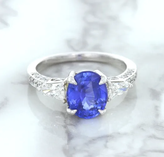2.88ct Oval Blue Sapphire Ring with Diamond Accents in 18K White Gold