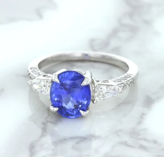 2.88ct Oval Blue Sapphire Ring with Diamond Accents in 18K White Gold