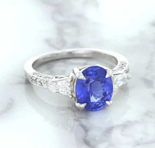 2.88ct Oval Blue Sapphire Ring with Diamond Accents in 18K White Gold