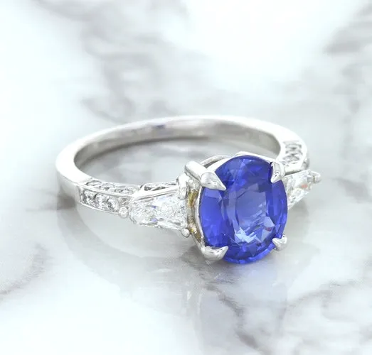 2.88ct Oval Blue Sapphire Ring with Diamond Accents in 18K White Gold