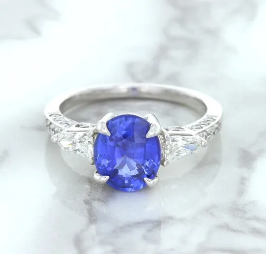 2.88ct Oval Blue Sapphire Ring with Diamond Accents in 18K White Gold