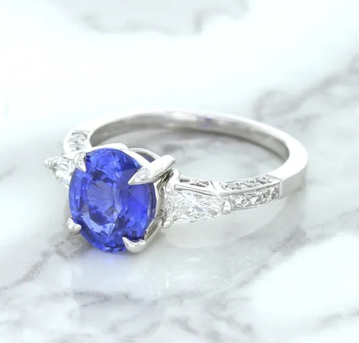 2.88ct Oval Blue Sapphire Ring with Diamond Accents in 18K White Gold