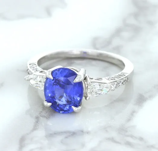 2.88ct Oval Blue Sapphire Ring with Diamond Accents in 18K White Gold