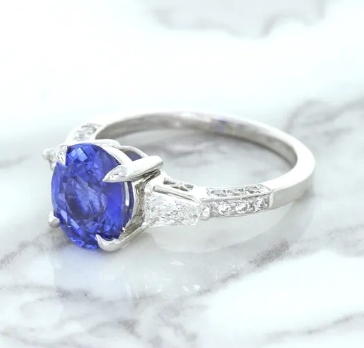 2.88ct Oval Blue Sapphire Ring with Diamond Accents in 18K White Gold