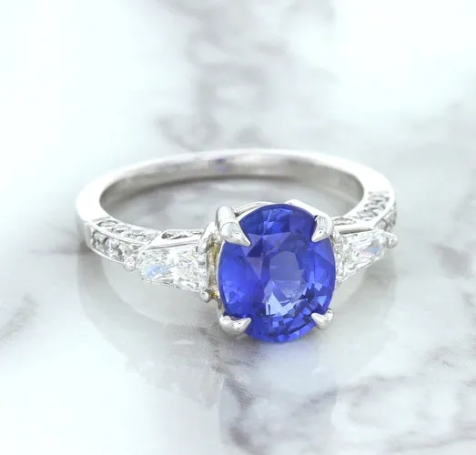 2.88ct Oval Blue Sapphire Ring with Diamond Accents in 18K White Gold