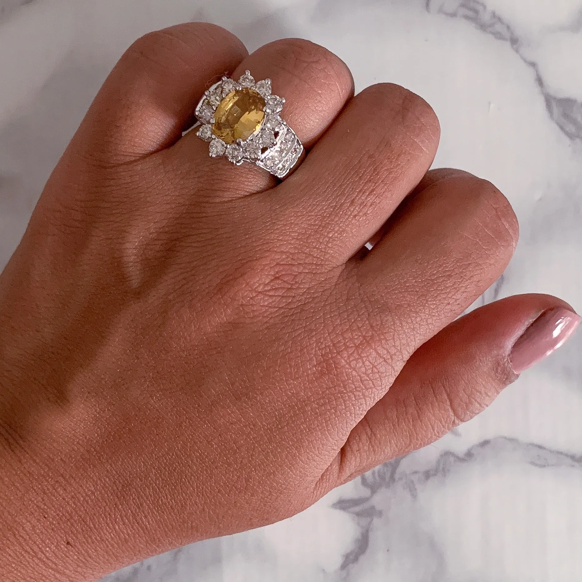 3.38ct Oval Yellow Sapphire Ring with Diamond Halo in 14K White Gold