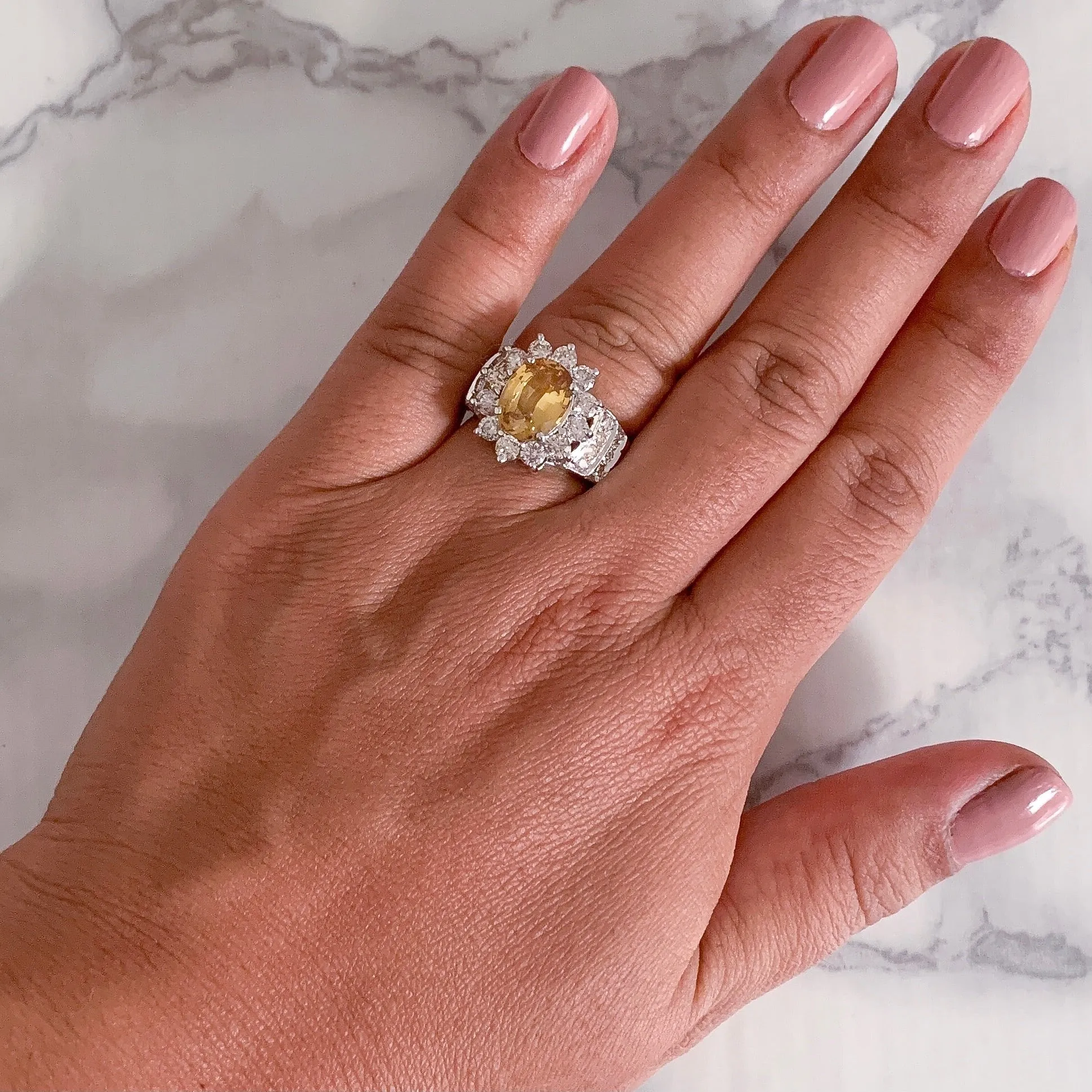 3.38ct Oval Yellow Sapphire Ring with Diamond Halo in 14K White Gold