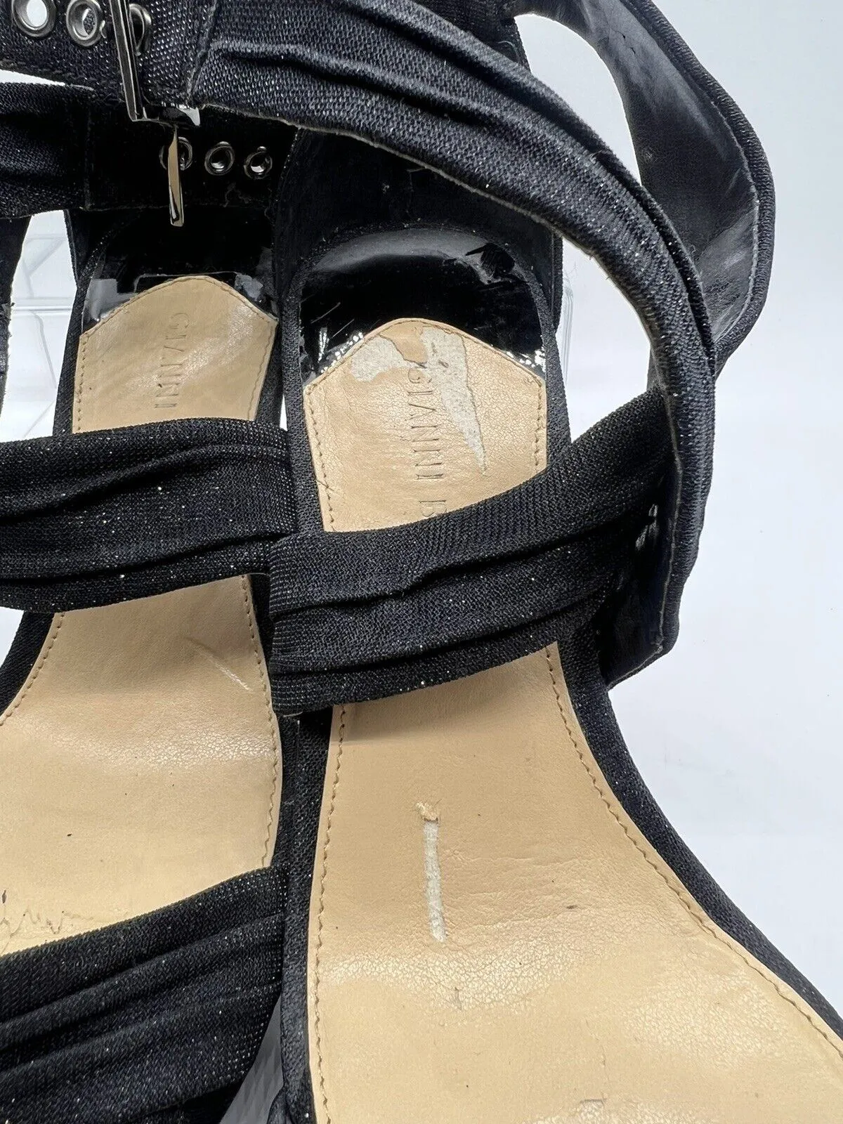 9.5 Gianni Bini Black Glittery Strap Sandal 4” High Heel Open Toe Platform Sling