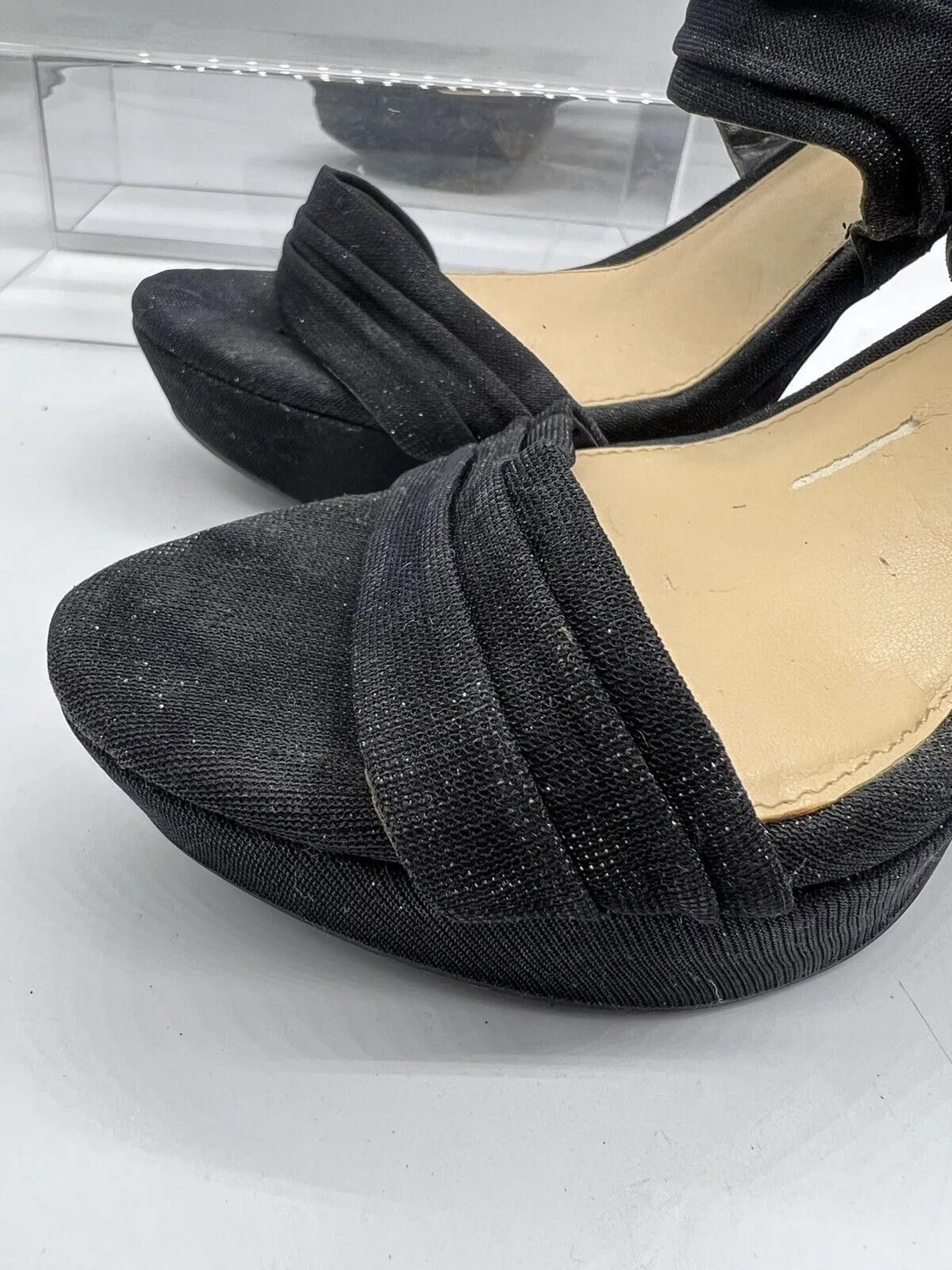 9.5 Gianni Bini Black Glittery Strap Sandal 4” High Heel Open Toe Platform Sling