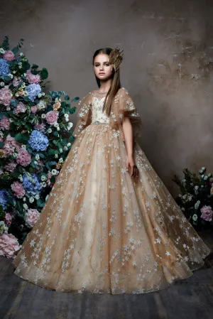Angel Flutter Sleeves Flower Girl Dress with Glitter Stars