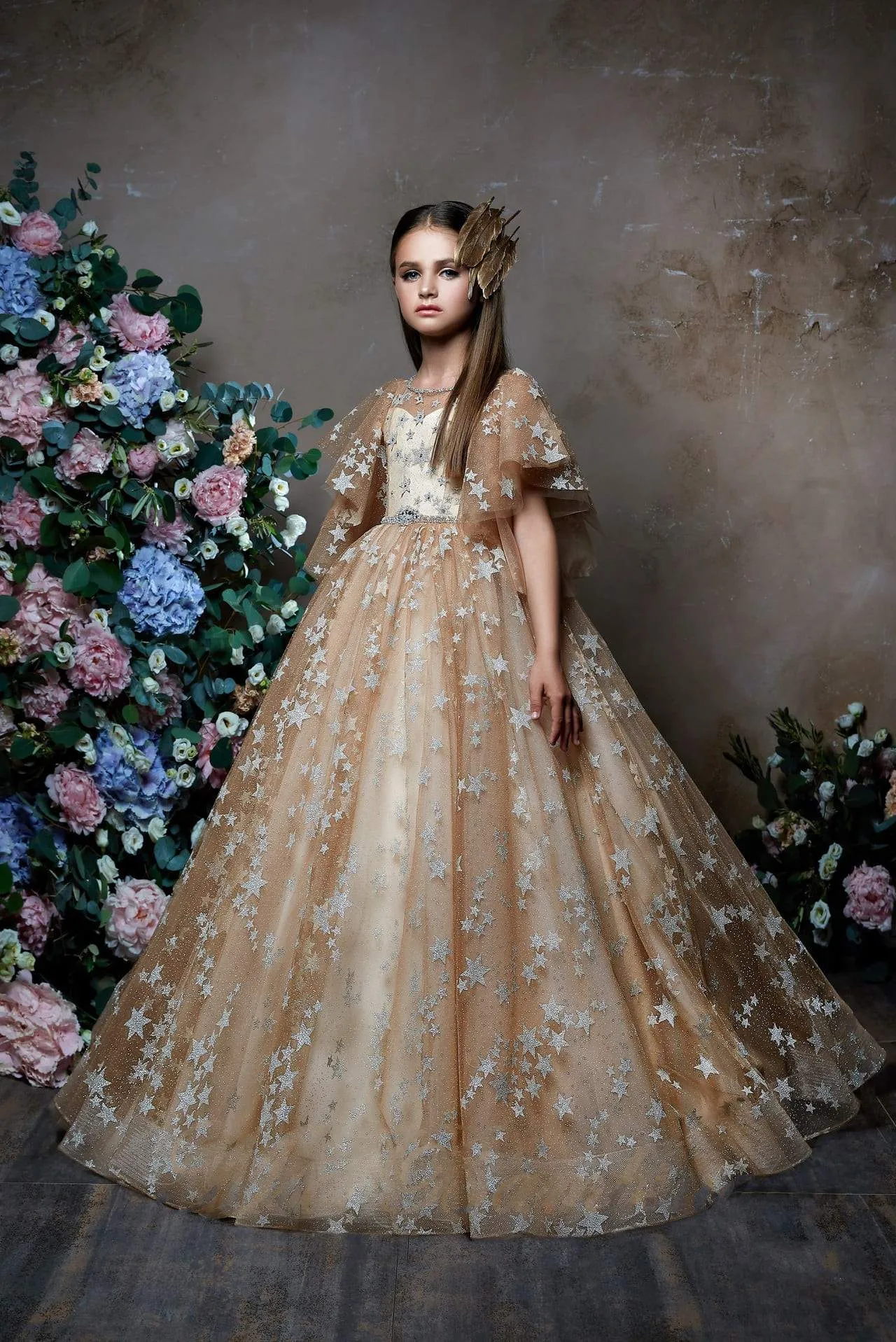 Angel Flutter Sleeves Flower Girl Dress with Glitter Stars