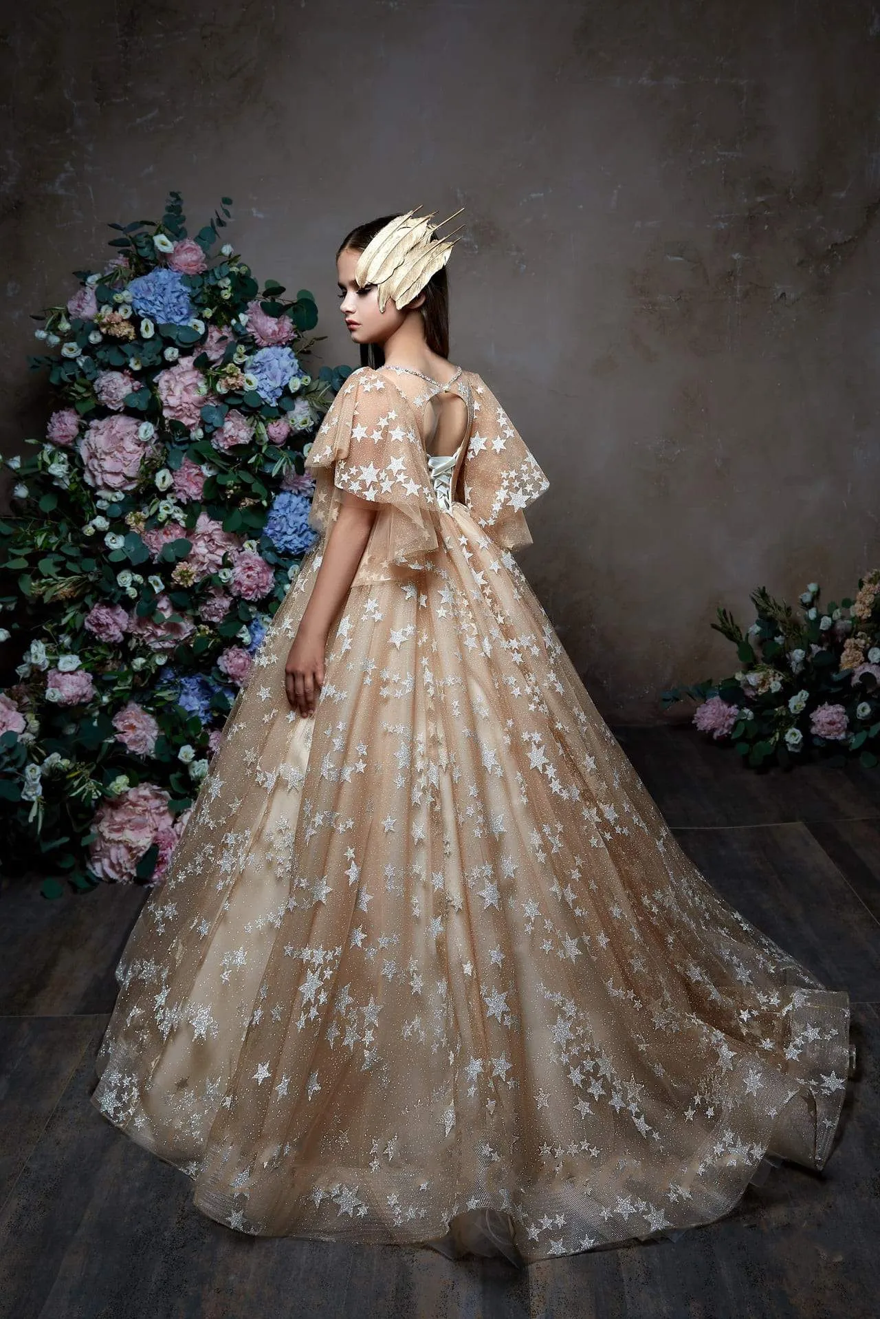 Angel Flutter Sleeves Flower Girl Dress with Glitter Stars