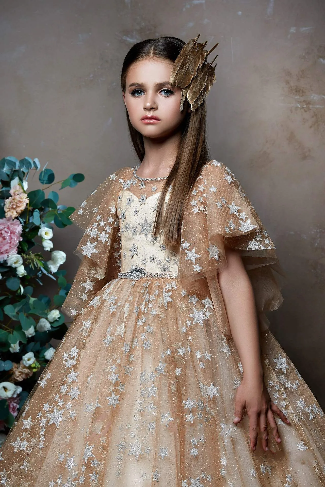 Angel Flutter Sleeves Flower Girl Dress with Glitter Stars