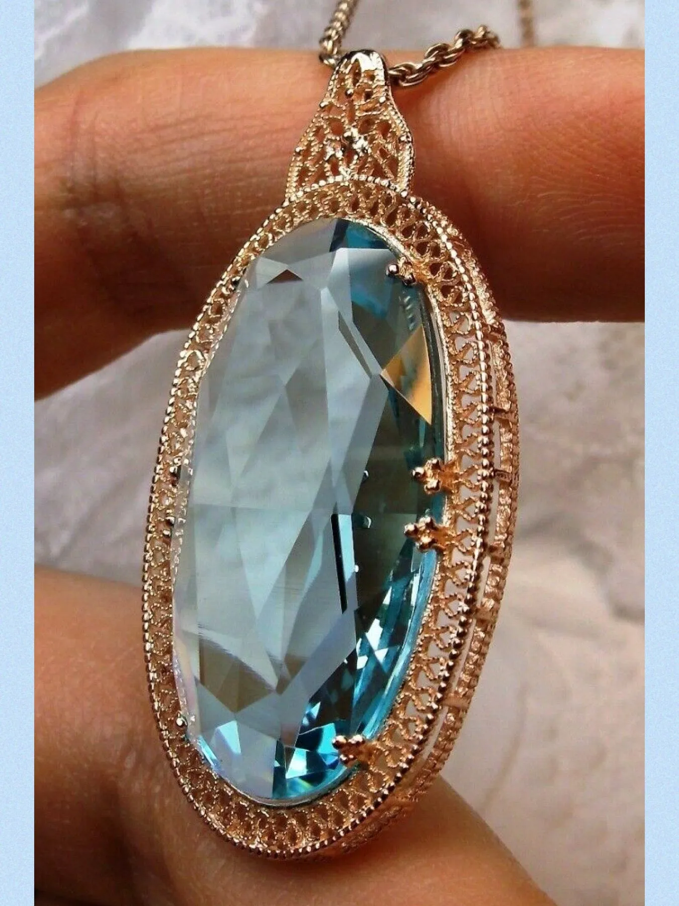 Aquamarine Pendant, Rose Gold Art Deco Necklace #P31