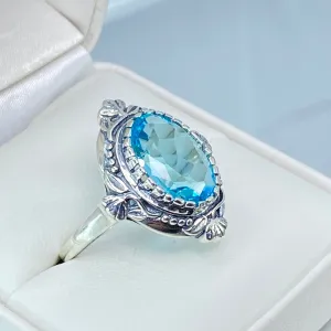 Aquamarine Ring, Oval Wreath Filigree Ring - Vintage Art Nouveau Style Ring D74