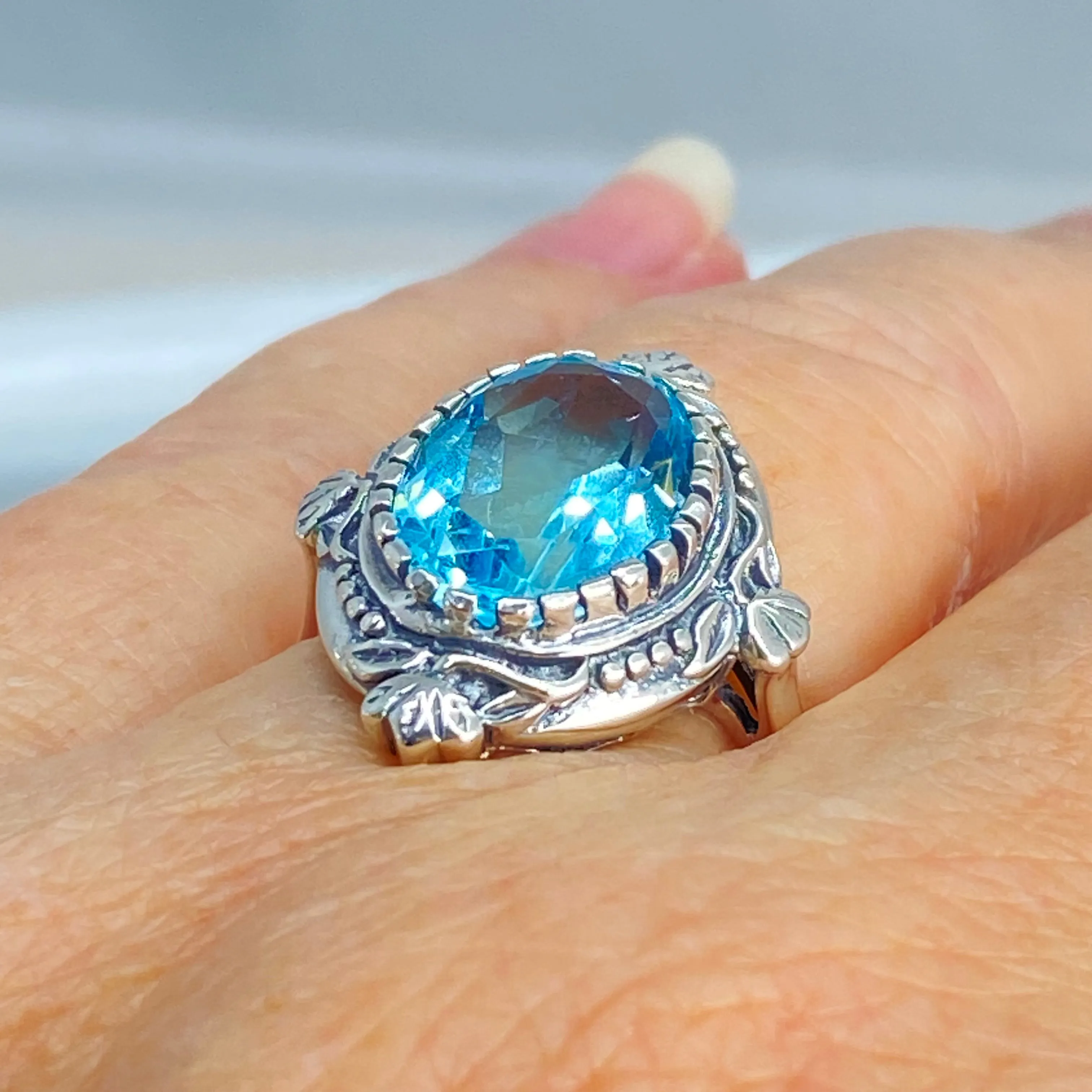 Aquamarine Ring, Oval Wreath Filigree Ring - Vintage Art Nouveau Style Ring D74