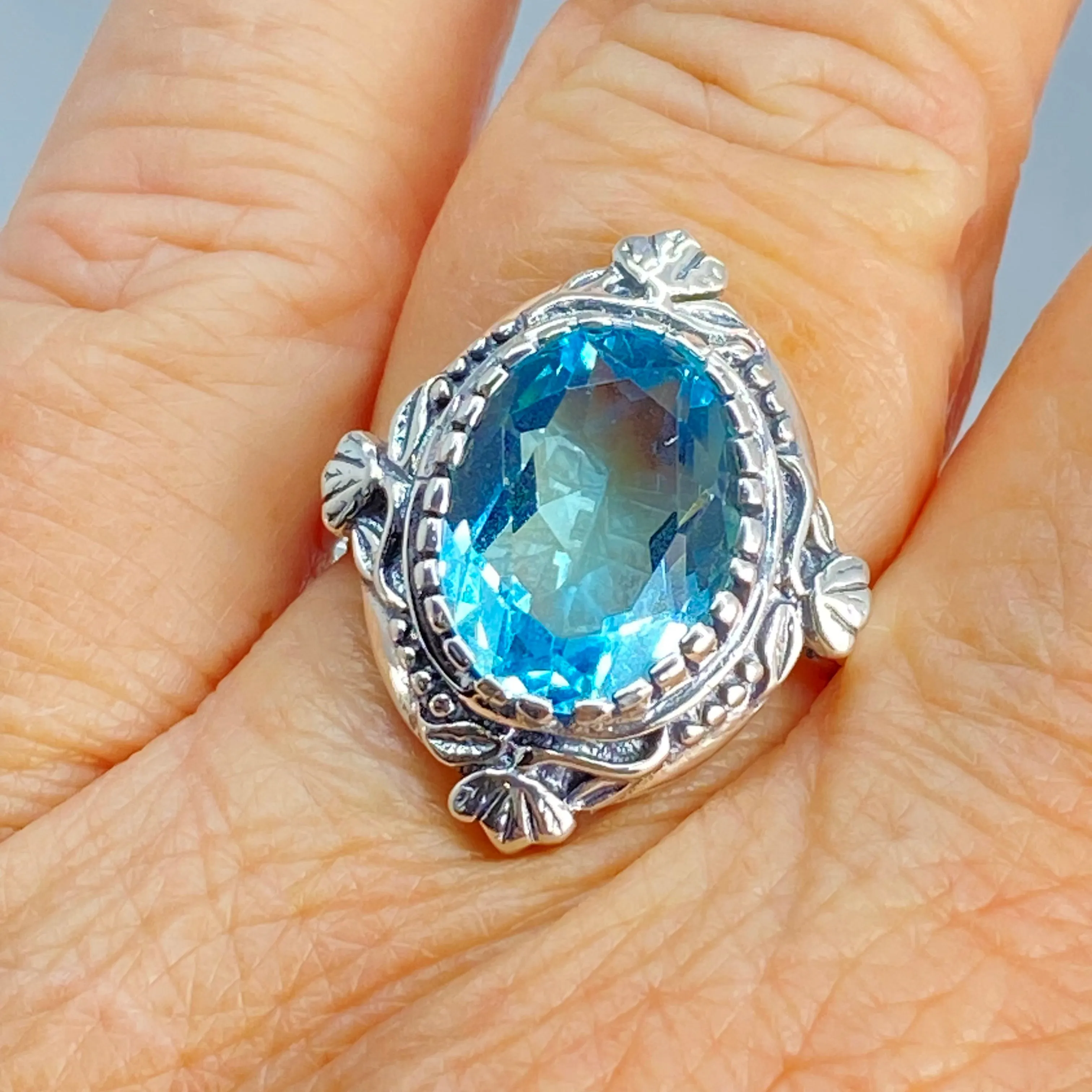 Aquamarine Ring, Oval Wreath Filigree Ring - Vintage Art Nouveau Style Ring D74