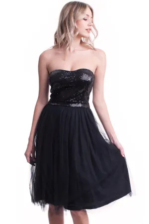 Black or Silver Formal Dress - Strapless Sequin Bodice with Layered Mesh Skirt
